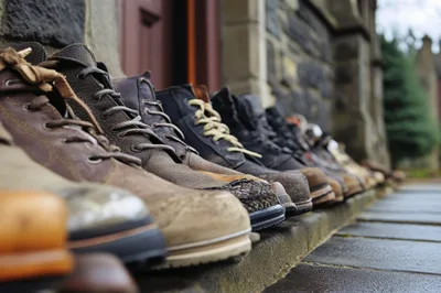 Row Of Worn Leather Boots Lined Up On Stone Steps
