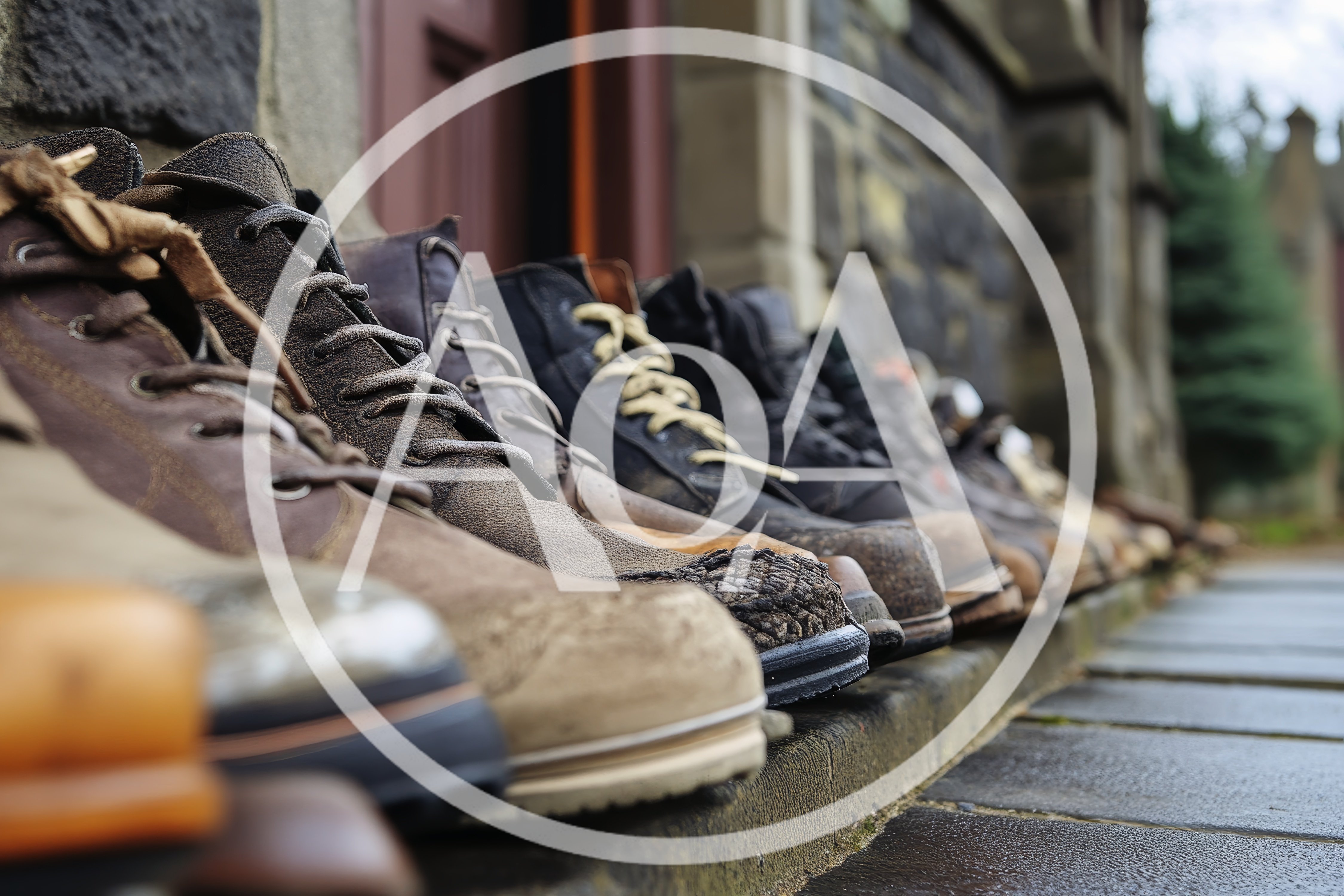 Row Of Worn Leather Boots Lined Up On Stone Steps
