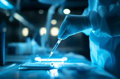Scientist Holding Syringe Over Laboratory Sample Plate