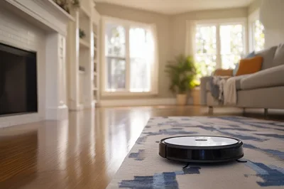 Robot Vacuum Cleaner Operating On Living Room Rug