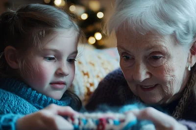 Grandmother and Granddaughter Knitting Together at Home
