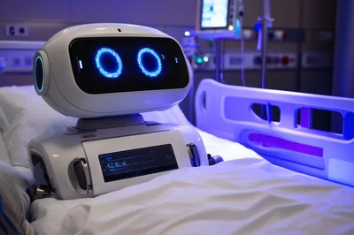 Medical Service Robot Sitting On Hospital Bed