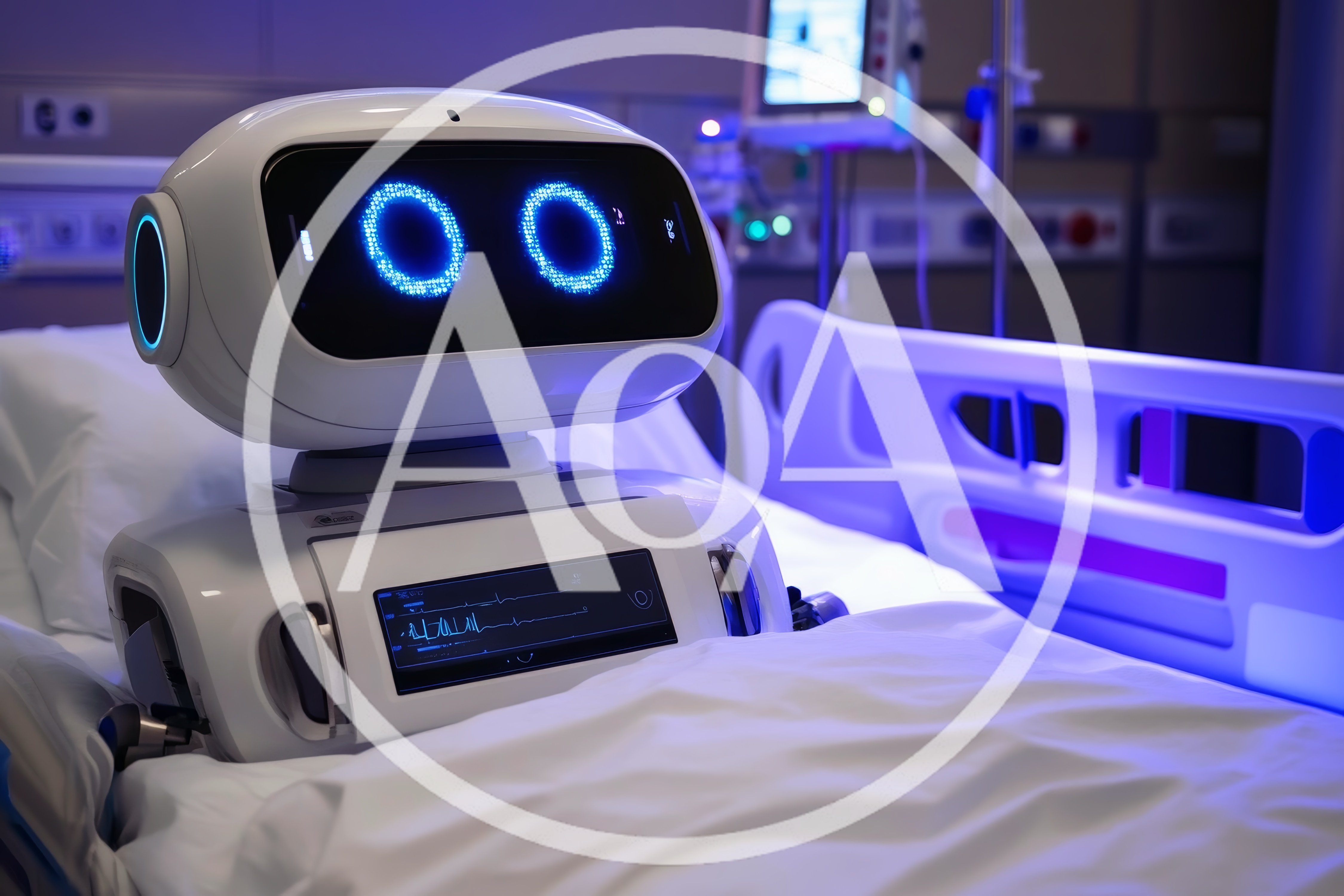 Medical Service Robot Sitting On Hospital Bed