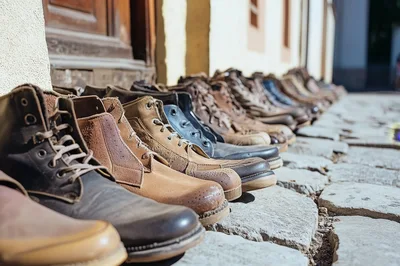 Row Of Vintage Leather Boots On Cobblestone Street