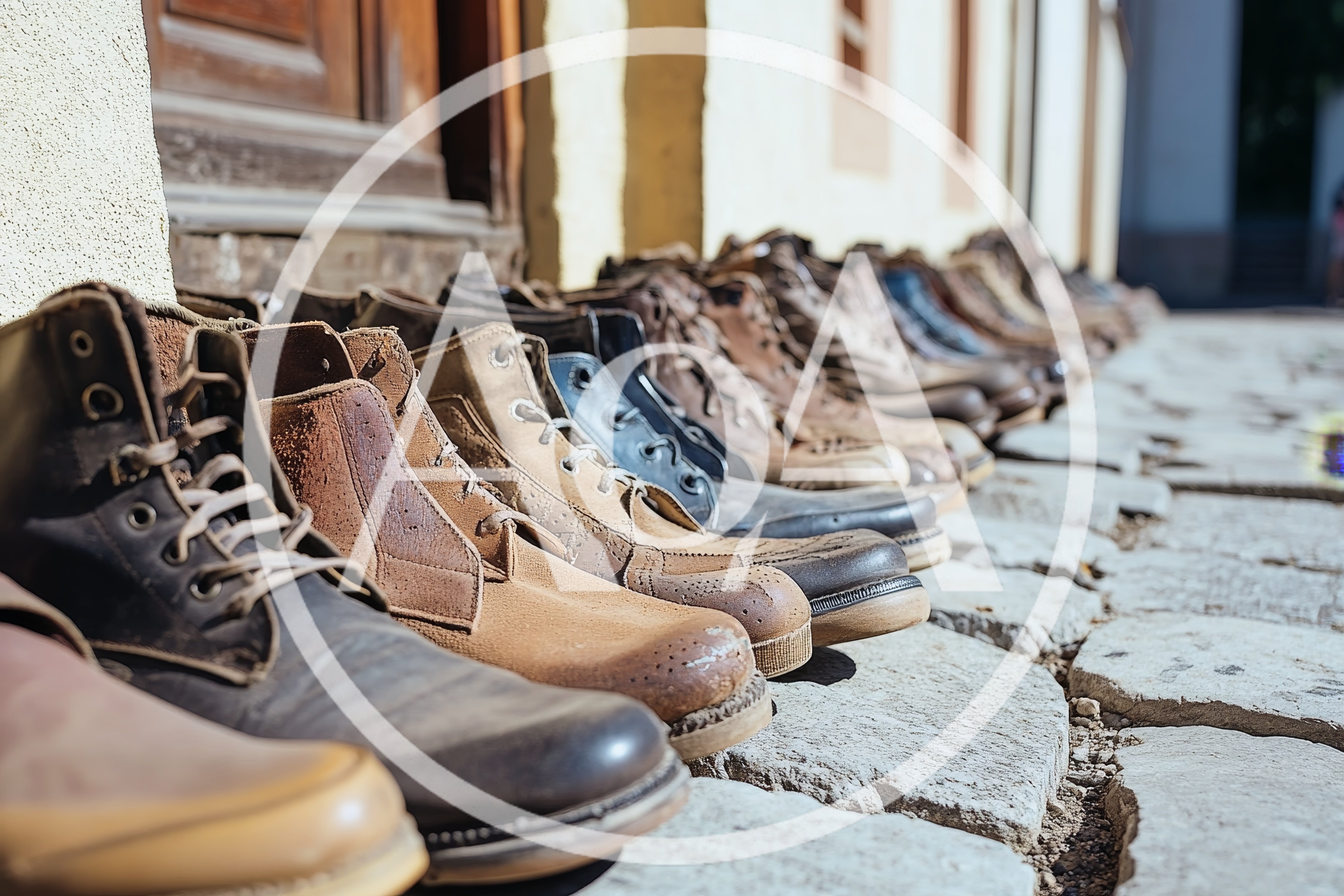 Row Of Vintage Leather Boots On Cobblestone Street