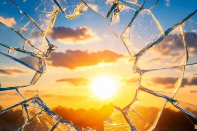 Broken Glass Window Overlooking A Vibrant Sunset
