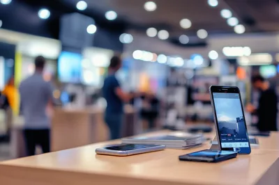 Smartphones Displayed On A Table In An Electronics Store