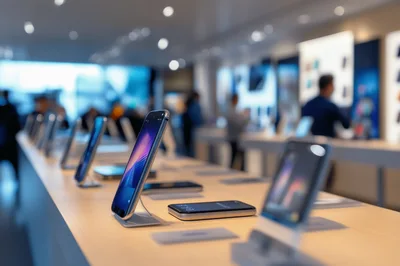 Modern Smartphones Displayed On Tables In Electronics Store