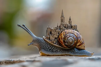 Surreal Snail Carrying A Miniature Medieval City On Shell