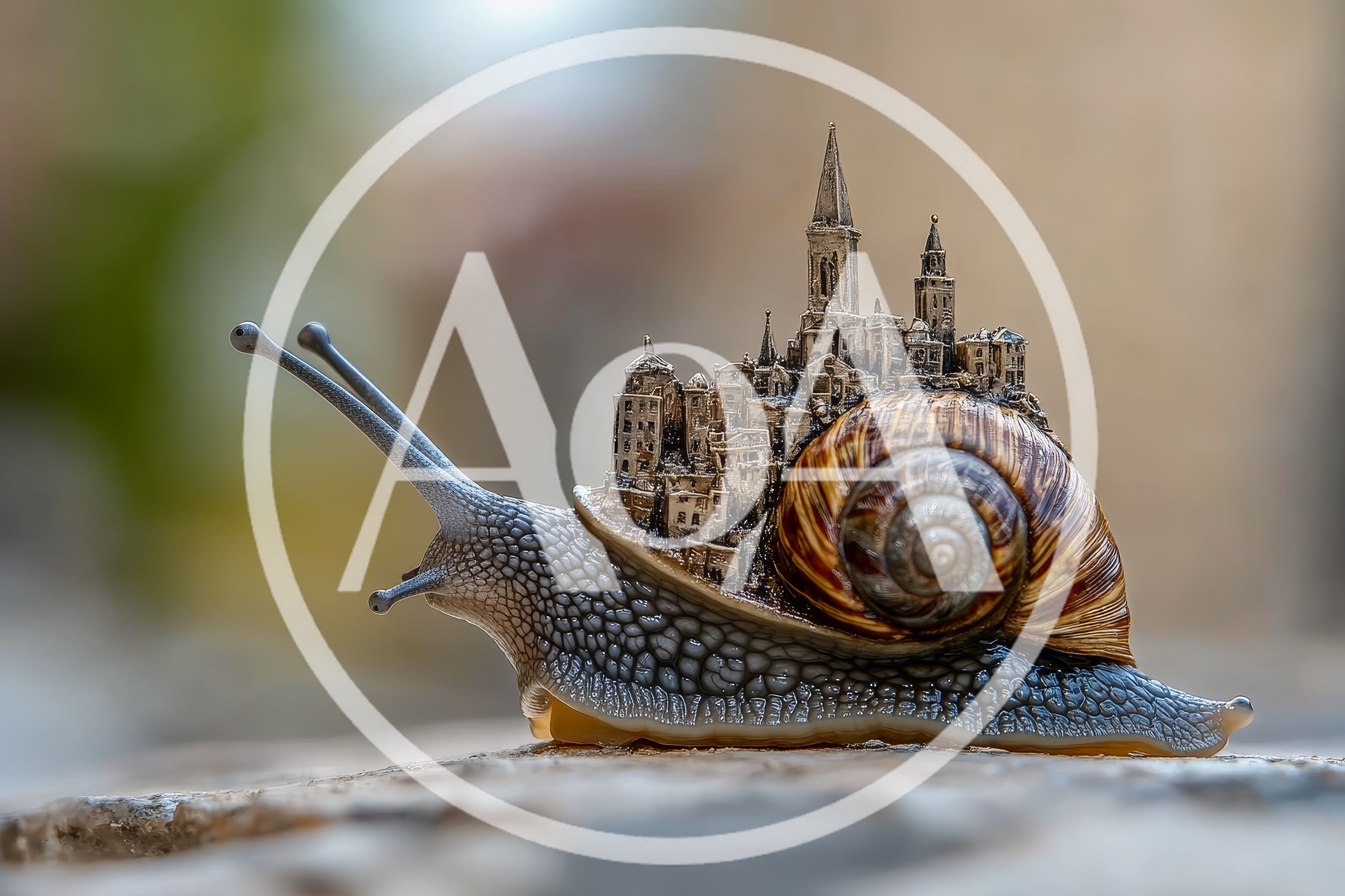 Surreal Snail Carrying A Miniature Medieval City On Shell