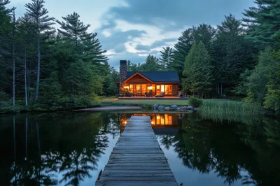 Cozy Log Cabin By A Calm Lake At Twilight