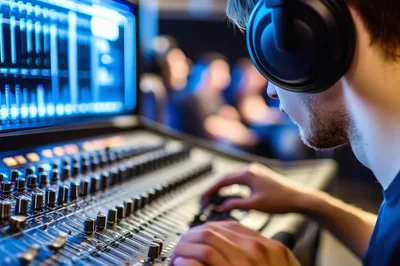 Sound Engineer Adjusting Audio Mixing Console In Studio