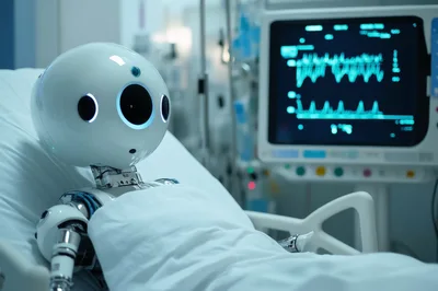 Futuristic Robot Patient Lying In Hospital Bed