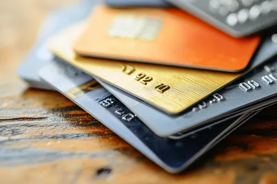 Stack of Various Credit Cards on Wooden Table