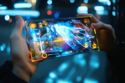 Person Holding Futuristic Transparent Holographic Tablet Device