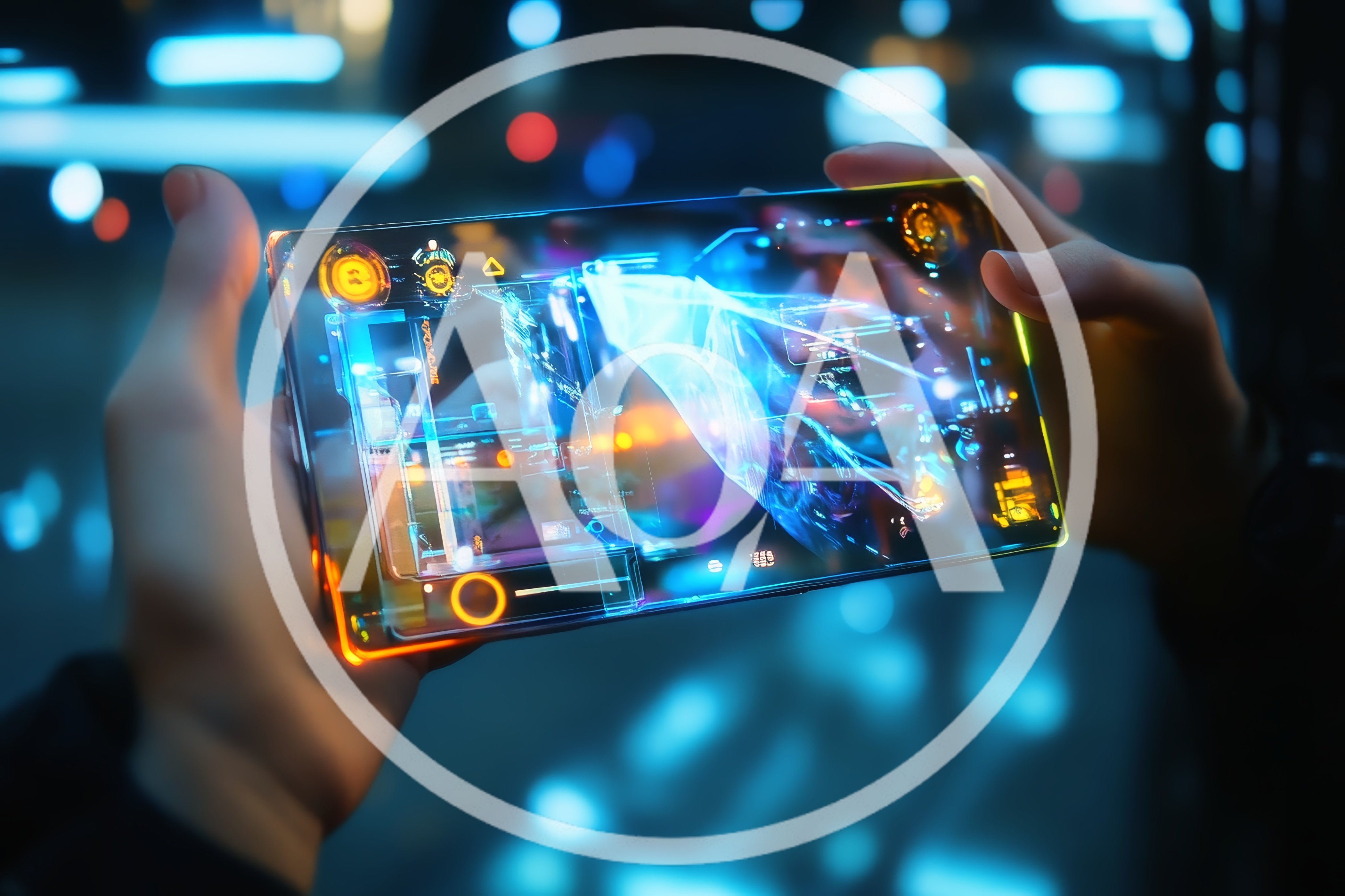 Person Holding Futuristic Transparent Holographic Tablet Device