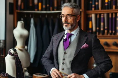 Sophisticated Tailor Standing In His Bespoke Clothing Workshop