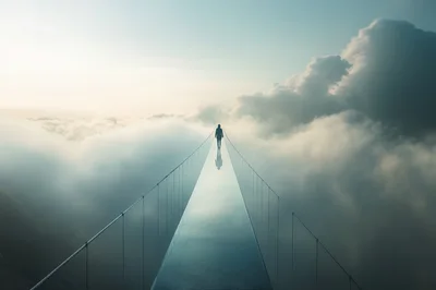 Person Walking Across A Glass Bridge Above Clouds