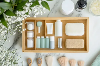 Top View Of Skincare Products In Wooden Organizer