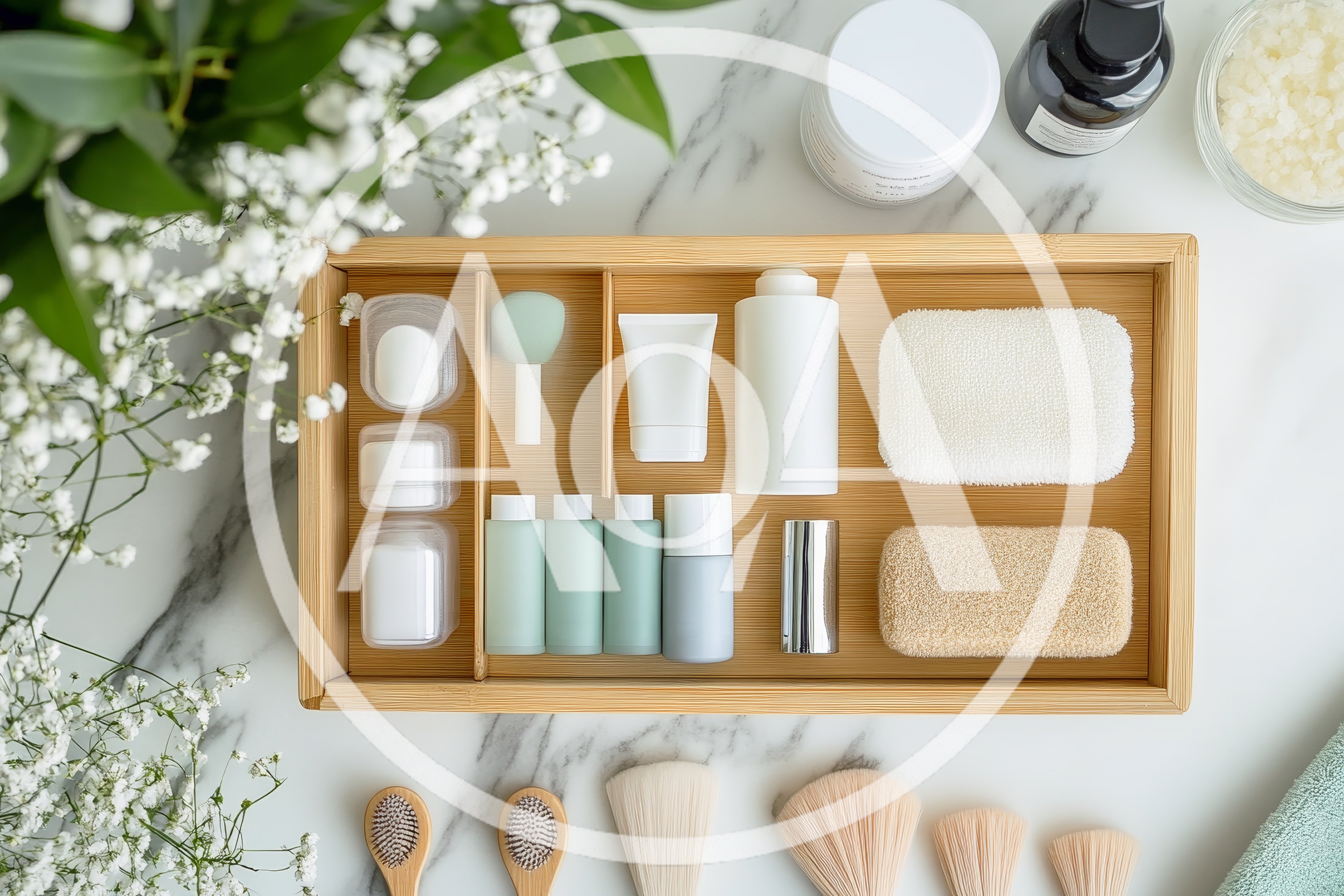 Top View Of Skincare Products In Wooden Organizer