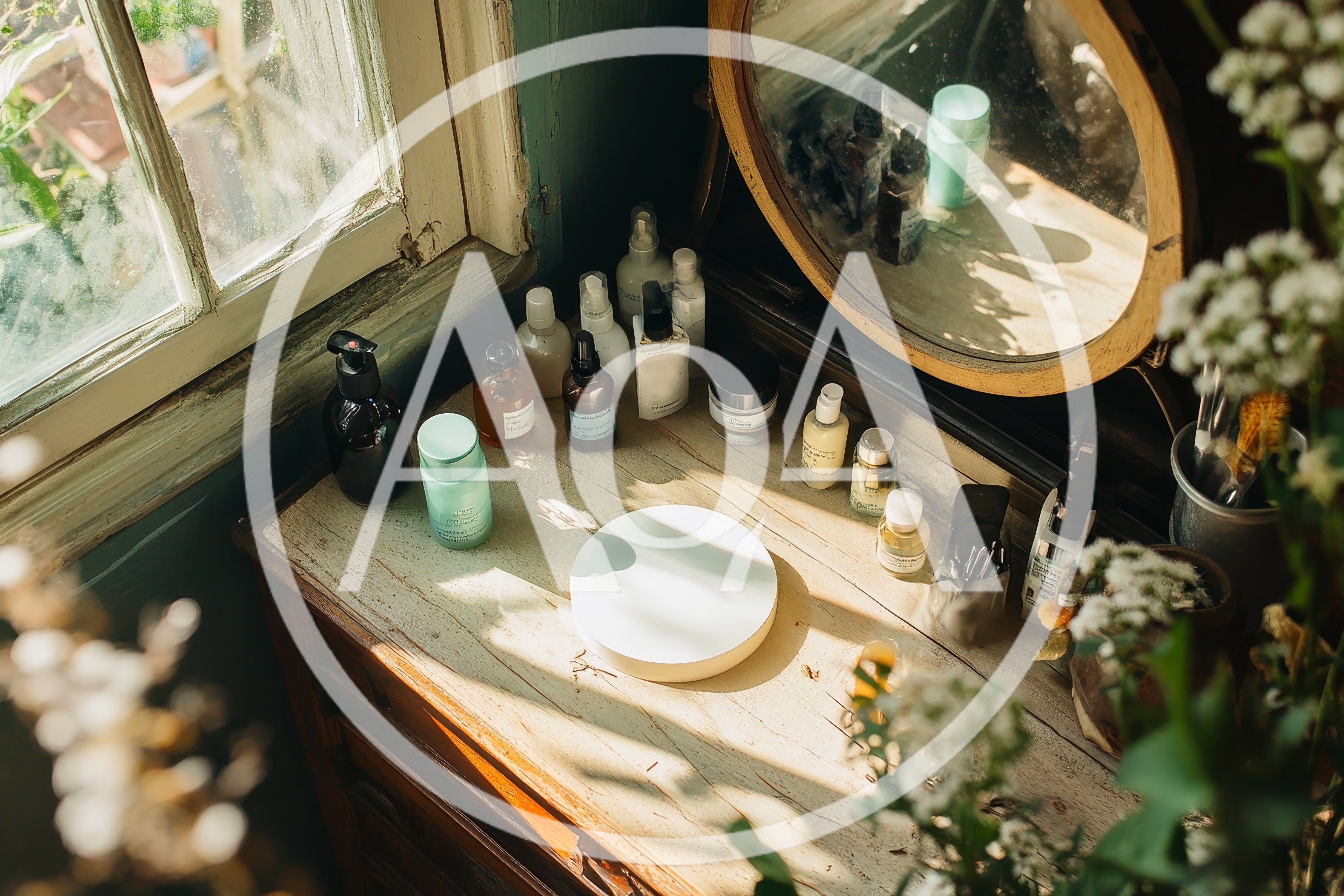 Skincare Products Arranged On A Vintage Wooden Vanity
