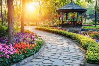 Stone Pathway Through A Vibrant Sunlit Garden Gazebo