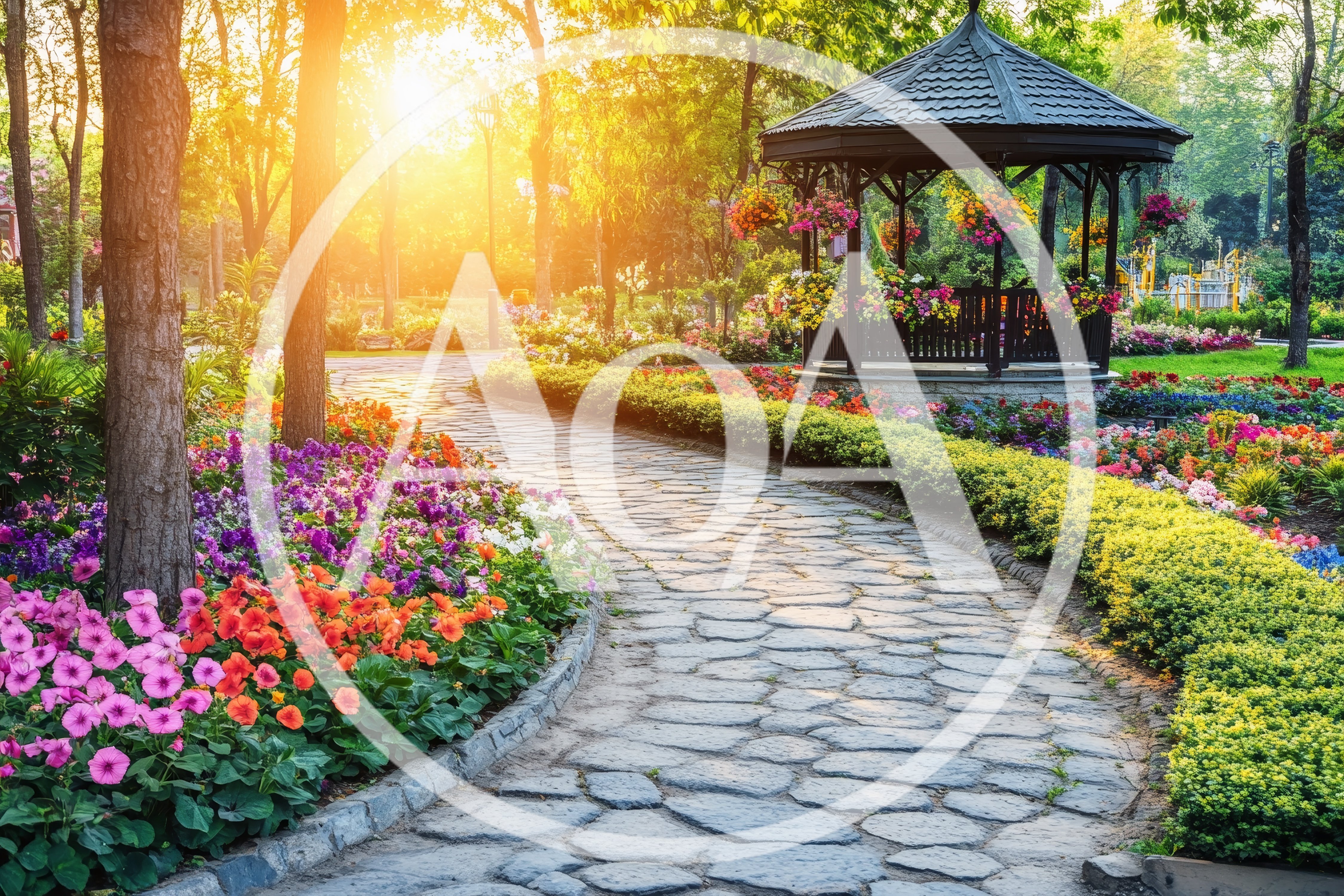 Stone Pathway Through A Vibrant Sunlit Garden Gazebo