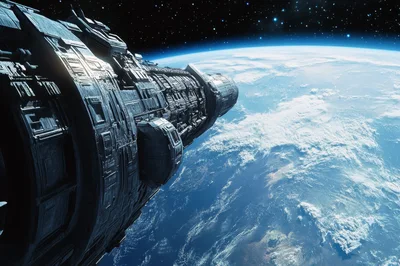 Massive Futuristic Spaceship Orbiting Earth In Deep Space