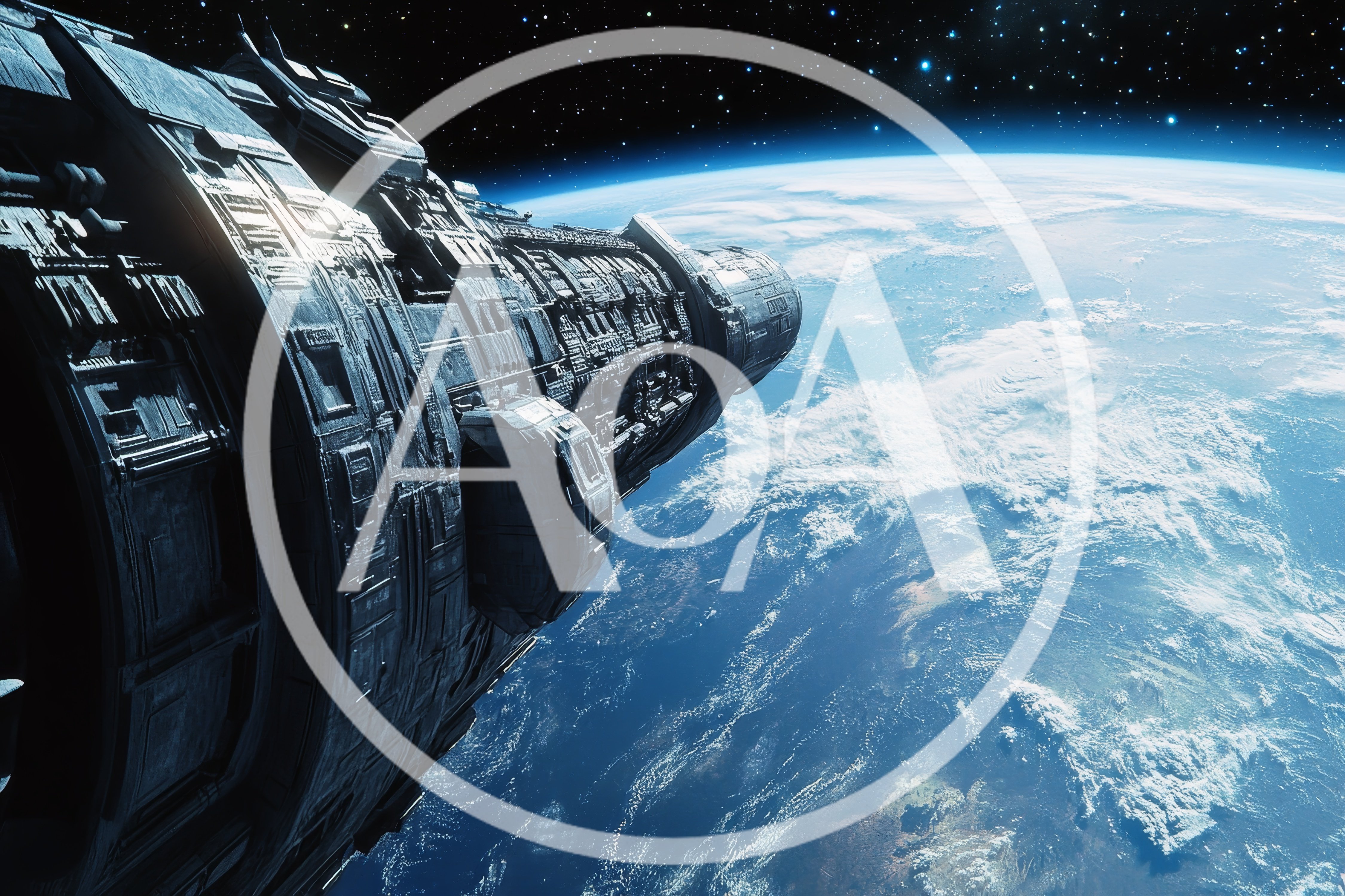 Massive Futuristic Spaceship Orbiting Earth In Deep Space