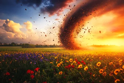 Dramatic Tornado Swirling Over A Vibrant Wildflower Meadow