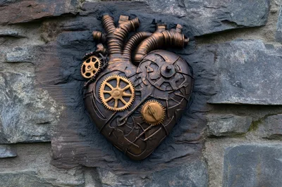 Steampunk Mechanical Heart Sculpture Mounted On Stone Wall