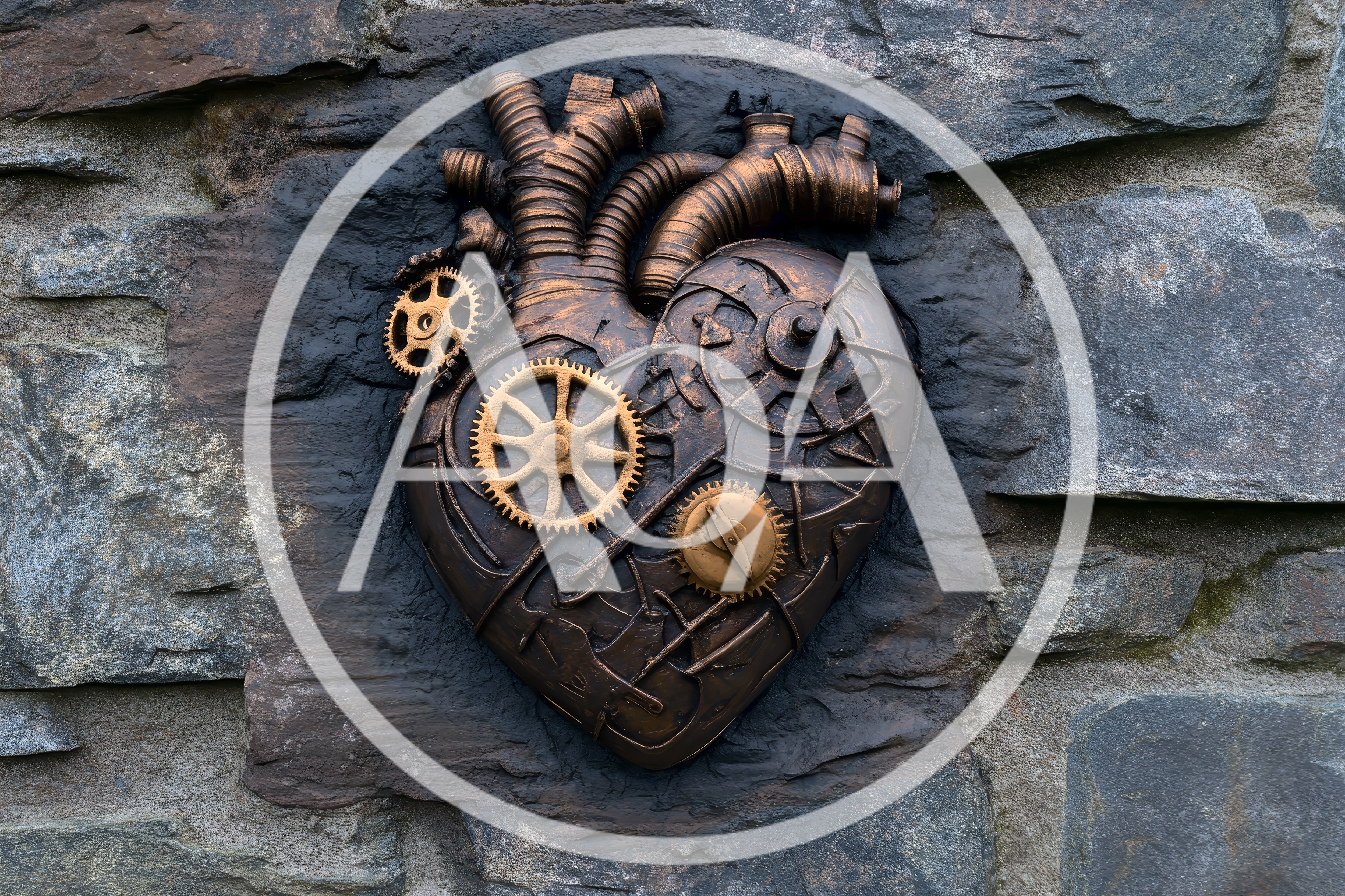 Steampunk Mechanical Heart Sculpture Mounted On Stone Wall