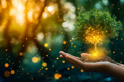 Glowing Small Tree Held In Human Hands