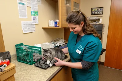 Veterinary Technician Weighing A Cat In A Clinic