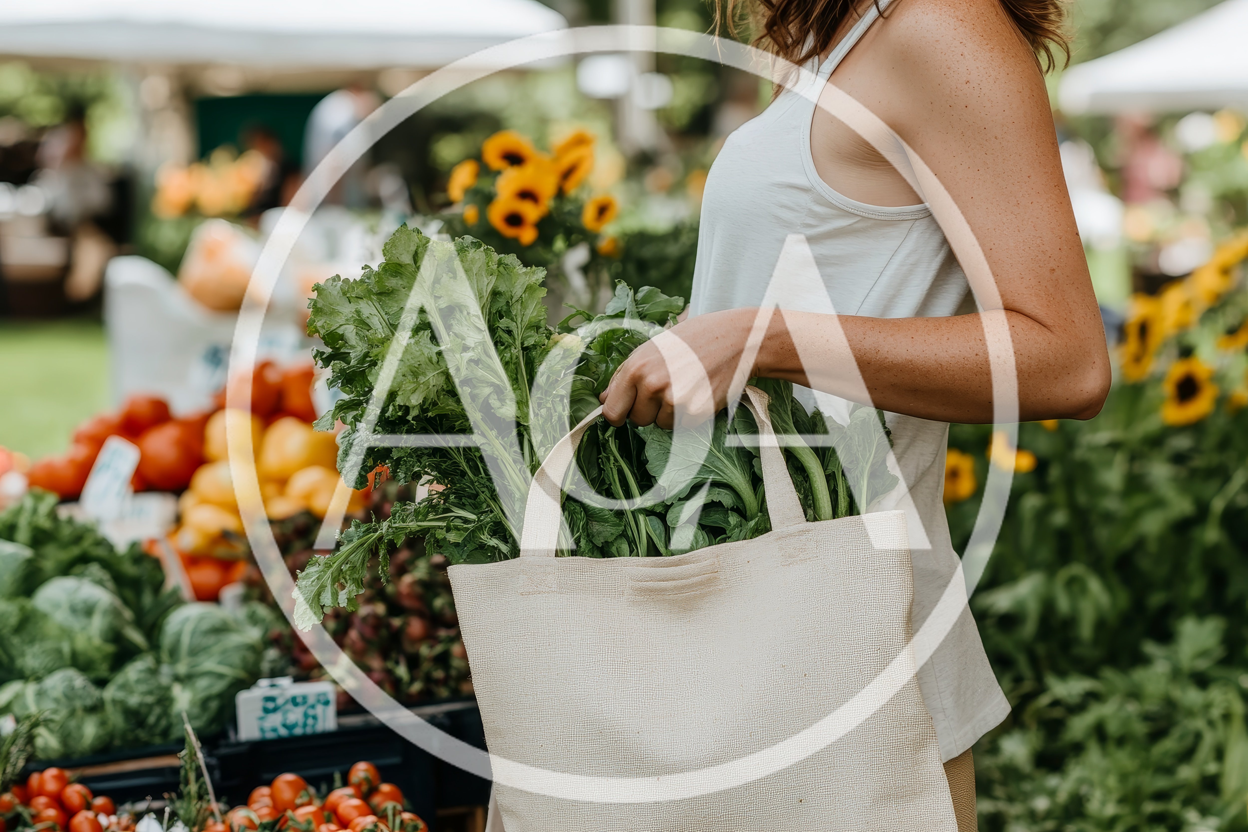 Woman Carrying Fresh Leafy Greens In Canvas Tote