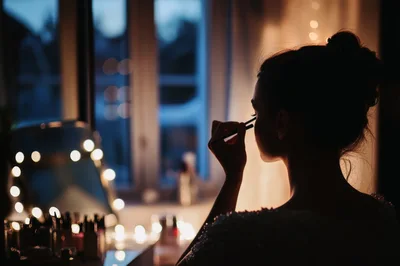 Silhouette of Woman Applying Makeup at Vanity Mirror