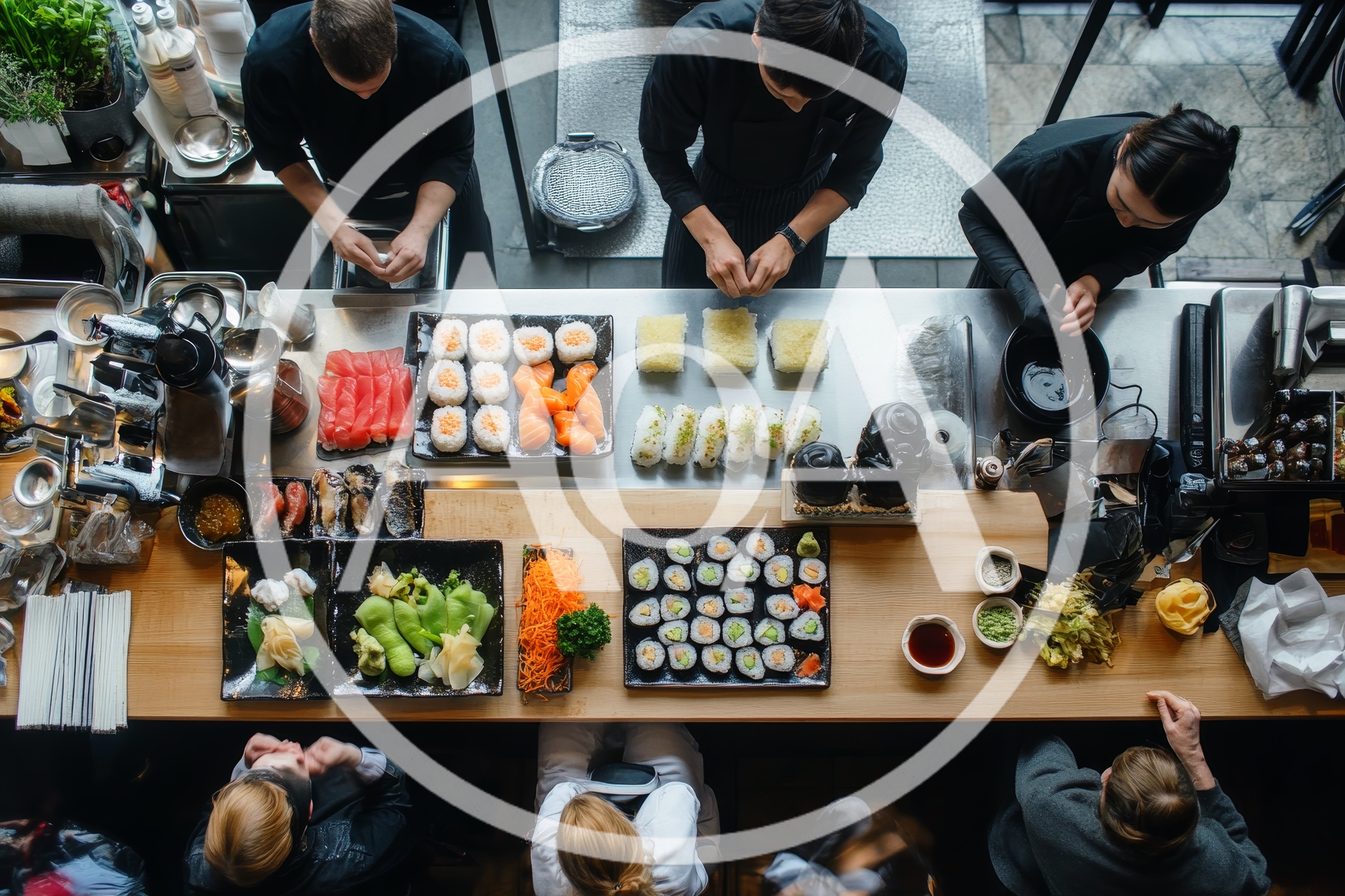 Chefs Preparing Sushi Rolls In A Professional Restaurant Kitchen