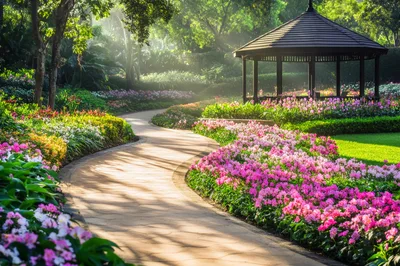 Sunlit Garden Path Leading To A Wooden Gazebo