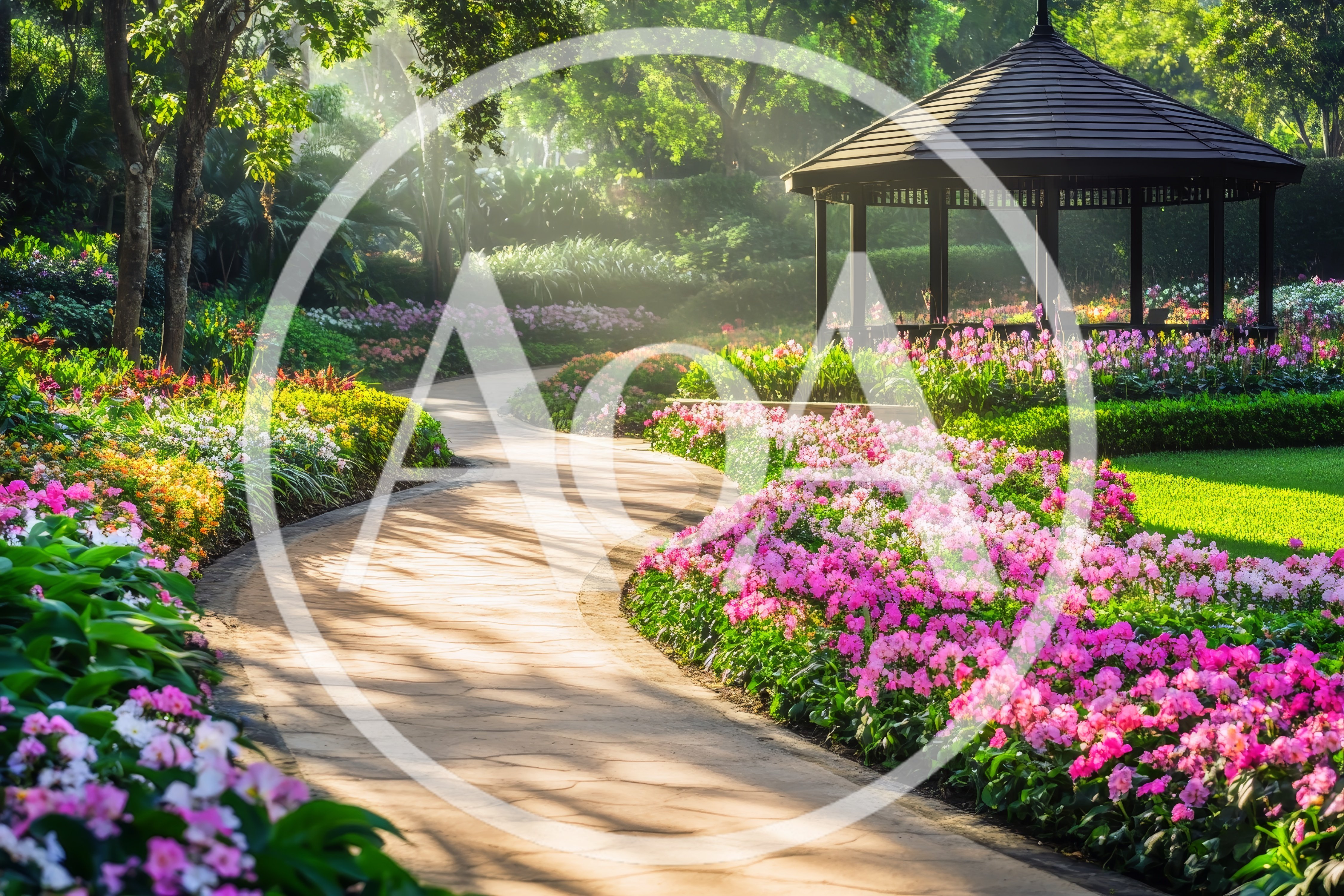 Sunlit Garden Path Leading To A Wooden Gazebo