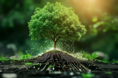 Digital Tree Growing From Circuit Board Ground