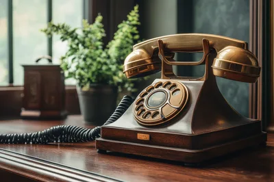 Vintage Brass Rotary Telephone On Wooden Desk