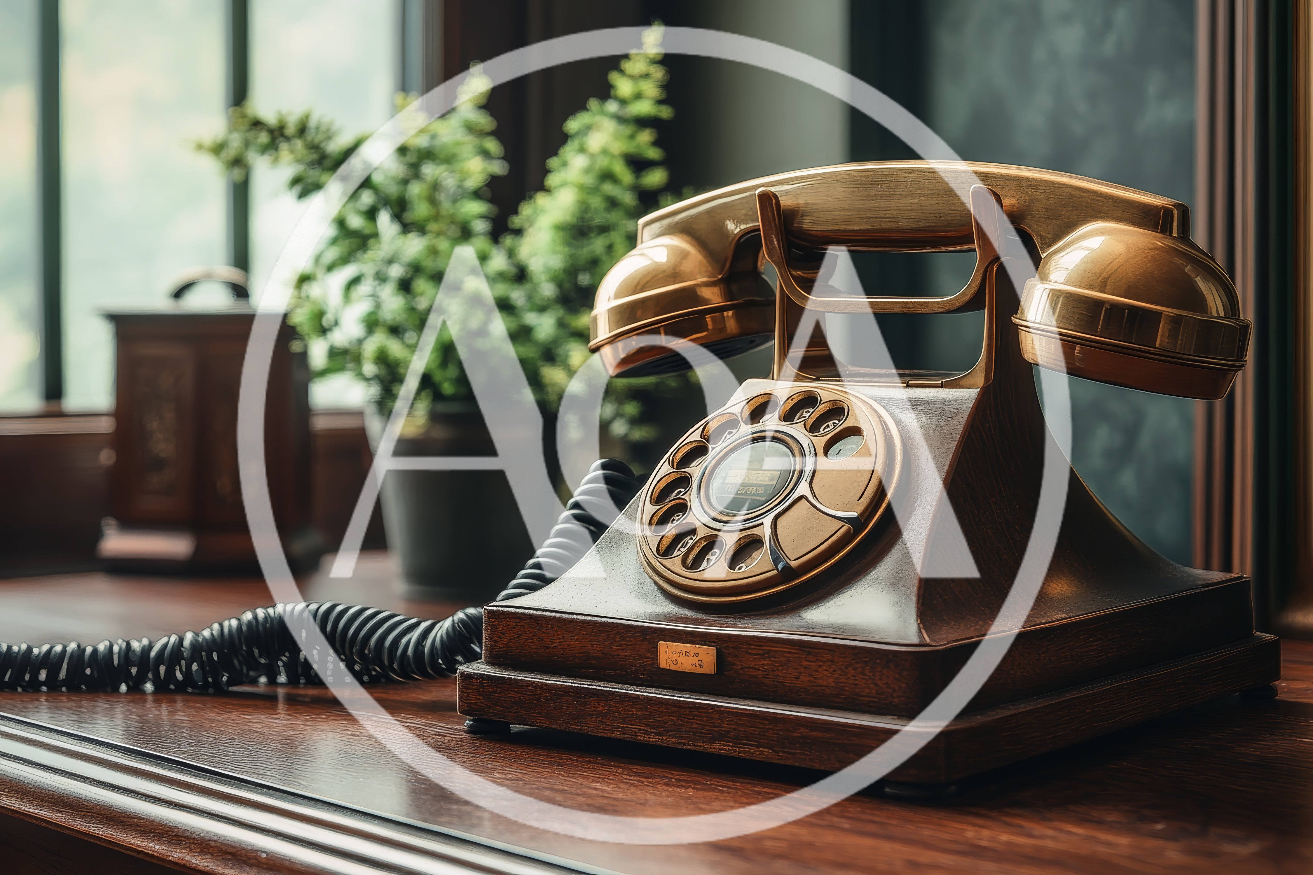 Vintage Brass Rotary Telephone On Wooden Desk