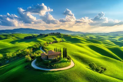 Tuscan Farmhouse Surrounded By Rolling Green Hills