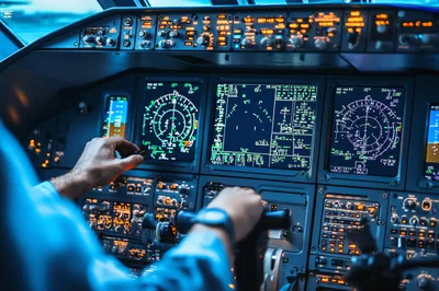 Pilot Operating Aircraft Cockpit Controls During Flight