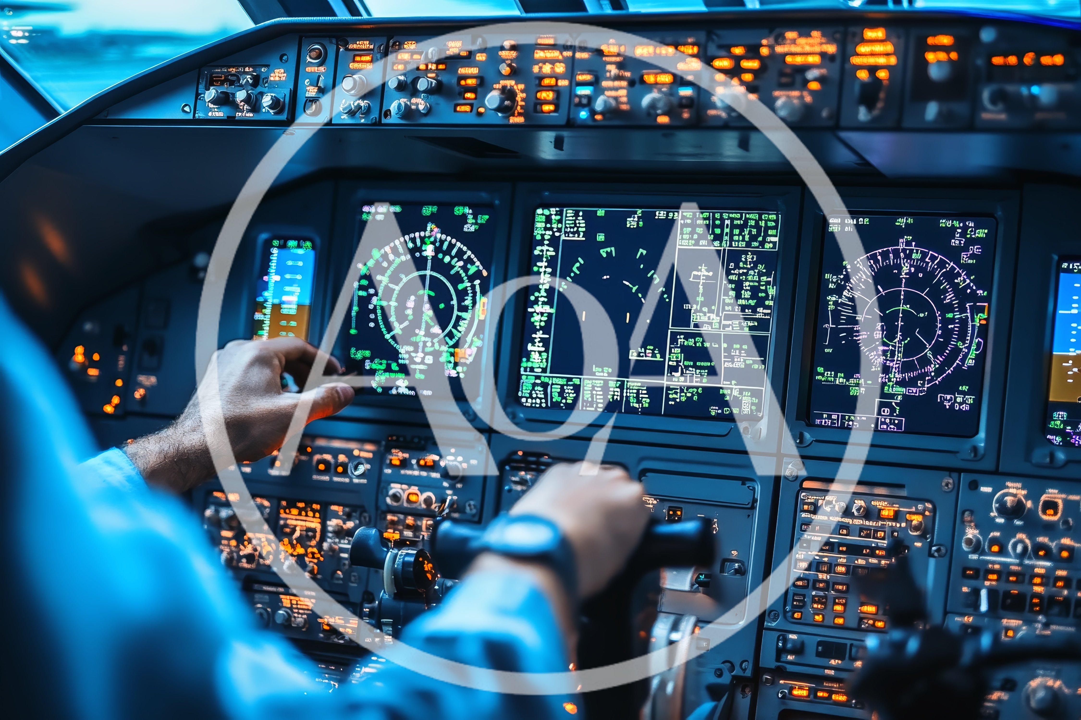 Pilot Operating Aircraft Cockpit Controls During Flight