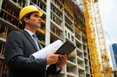 Construction Manager Holding Blueprints and Tablet at Building Site