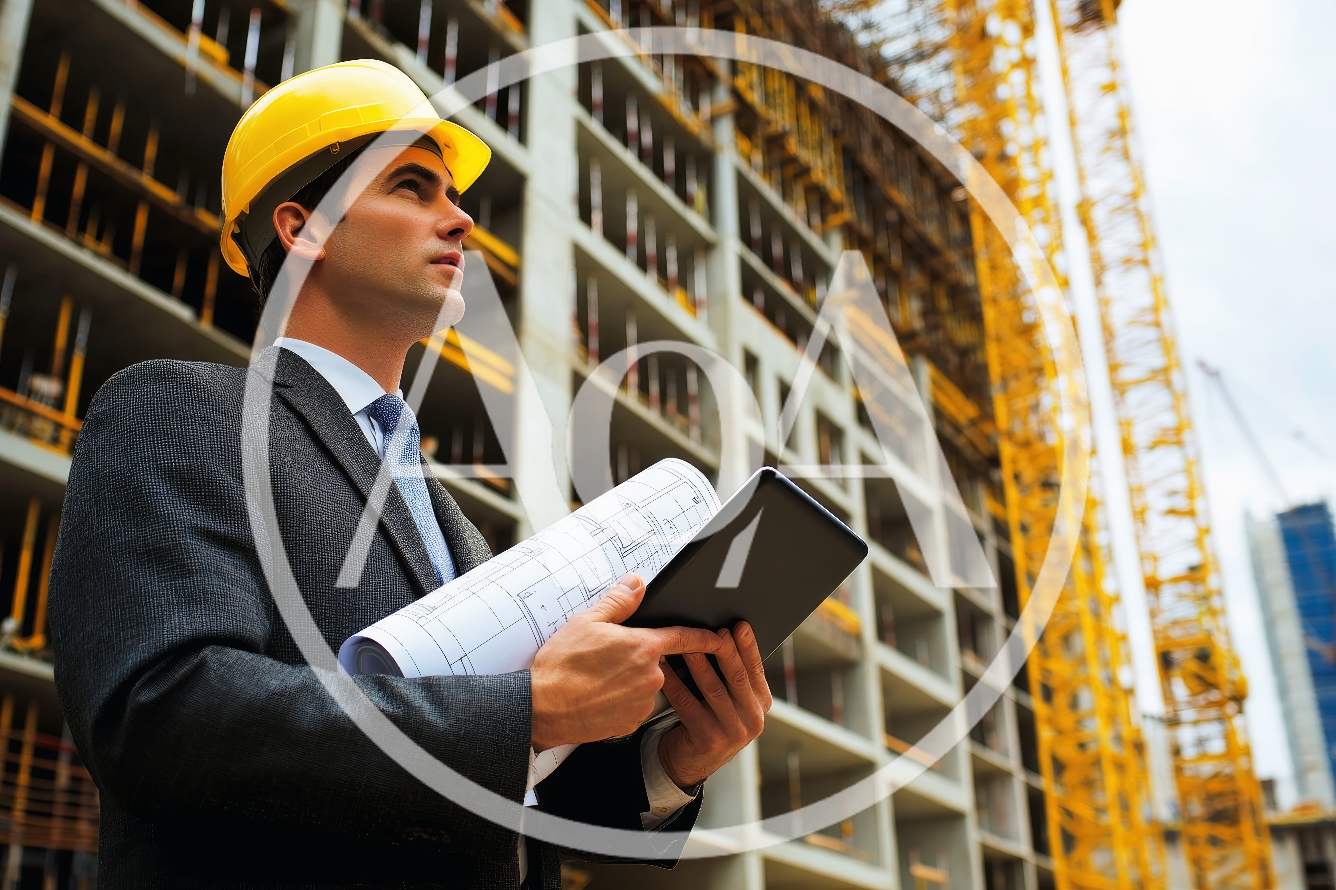 Construction Manager Holding Blueprints and Tablet at Building Site