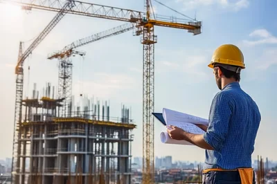 Construction Engineer Reviewing Blueprints At Building Site