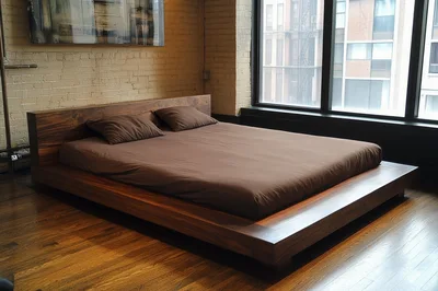 Modern Low Profile Wooden Platform Bed In Bedroom