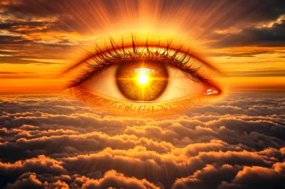 Surreal Giant Human Eye Floating Above Golden Clouds